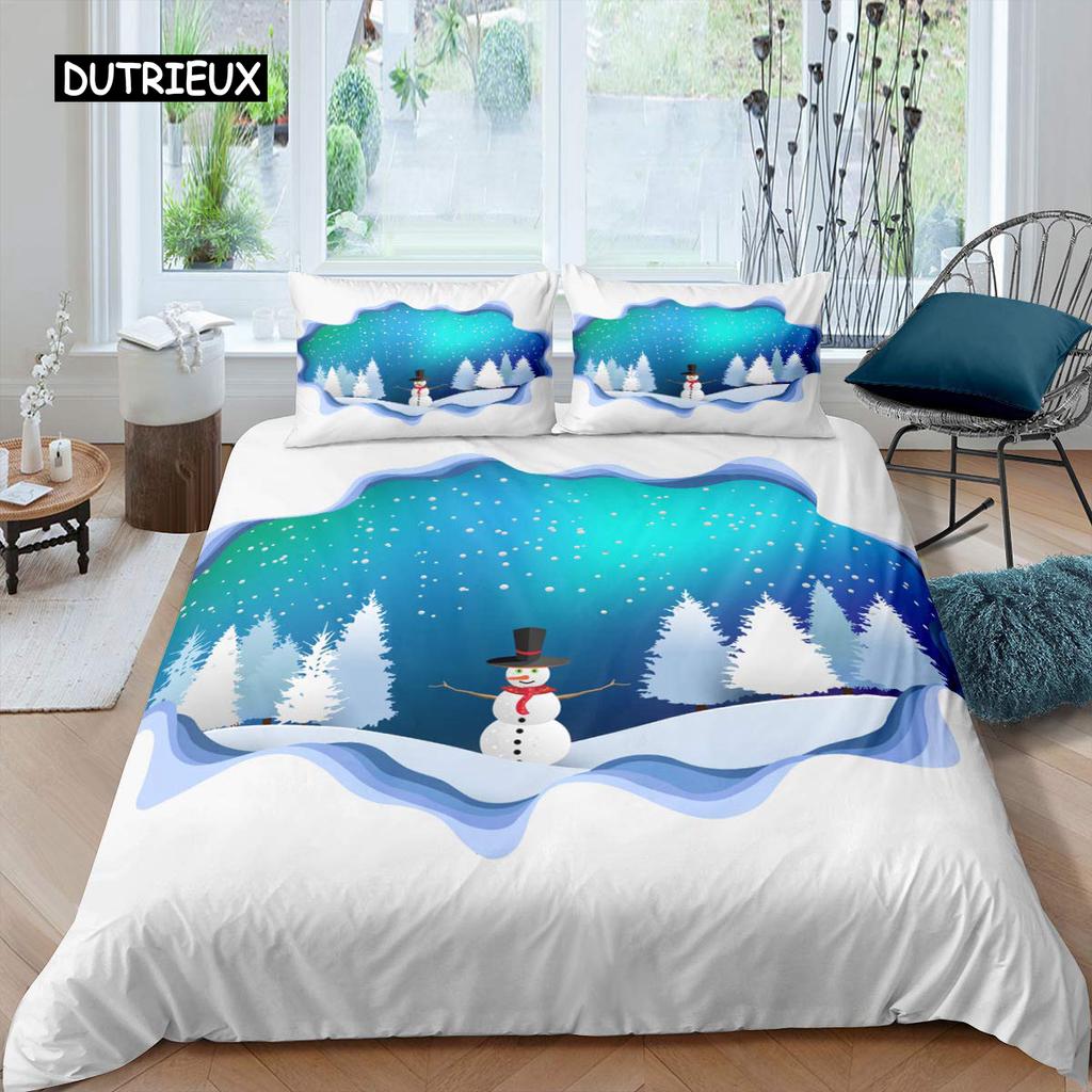 Schneemann Bettbezug Set Kinder Mädchen Weihnachten Bettdeckenbezug Winter Schnee Bettwäsche Set Neujahr Cartoon Stil Polyester Steppdeckenbezug