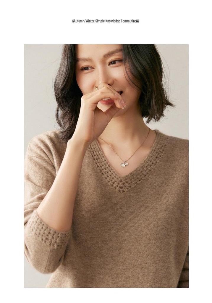 Women's V-Neck Cashmere Knit Pullover Sweater - Hand-Crocheted Loose Fit for Autumn/Winter