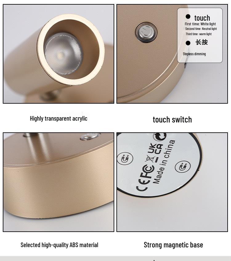 Wireless Magnetic Bedside Wall Lamp with Adjustable Angle, Modern Minimalist Design, Small Spotlight, Night Light.