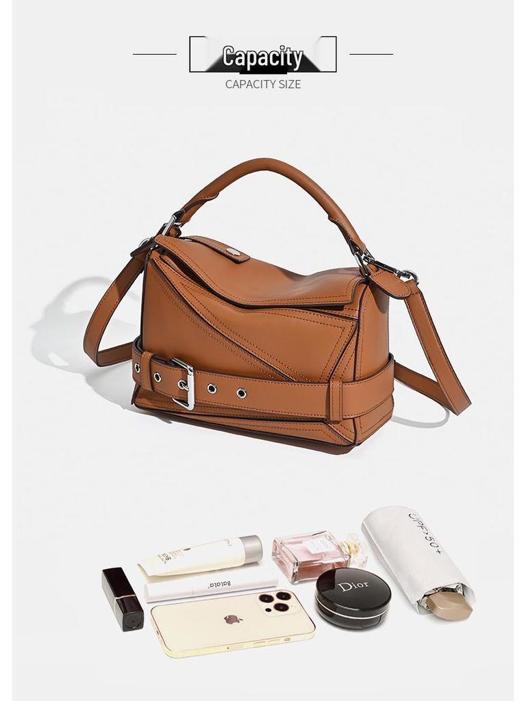2025 Autumn Geometric Cowhide Crossbody Biker Bag - Large Capacity Genuine Leather Handbag for Women