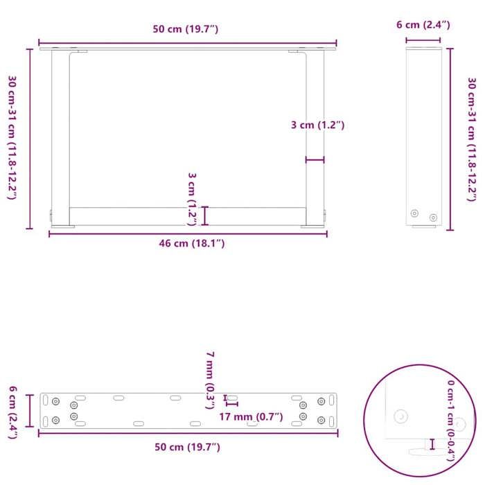 VidaXL Coffee Table Legs In U-Shape, 2 Pieces, Natural Steel, 50 X (30-31) Cm 4013139