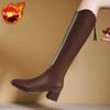 Autumn Winter Square Toe Middle Heel Women's Long Boots Leather Fleece-Lined Ladies Knee High Shaft Shoes New Rock Goth Boot