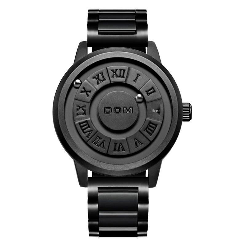 DOM Black Technology Men's Waterproof Quartz Watch with Roman Numeral Dial and Steel Ball Magnetic Levitation.