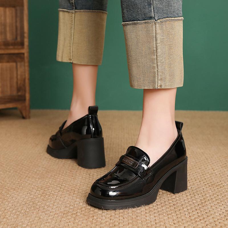 Fashion High Quality 7CM Spring Women Loafers Genuine Leather Slip on Pumps Ladies Thick High Heel Metal Shallow Height Increasing Shoes