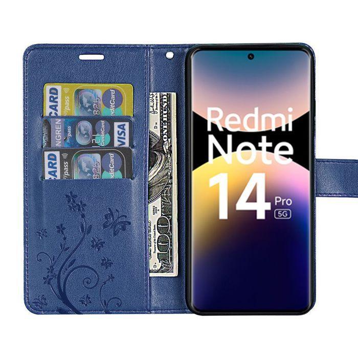 Hülle für Xiaomi Redmi Note 14 Pro 5G (nicht für 4G) Schutz Kunstleder Relief Floral Artistisch - Marineblau