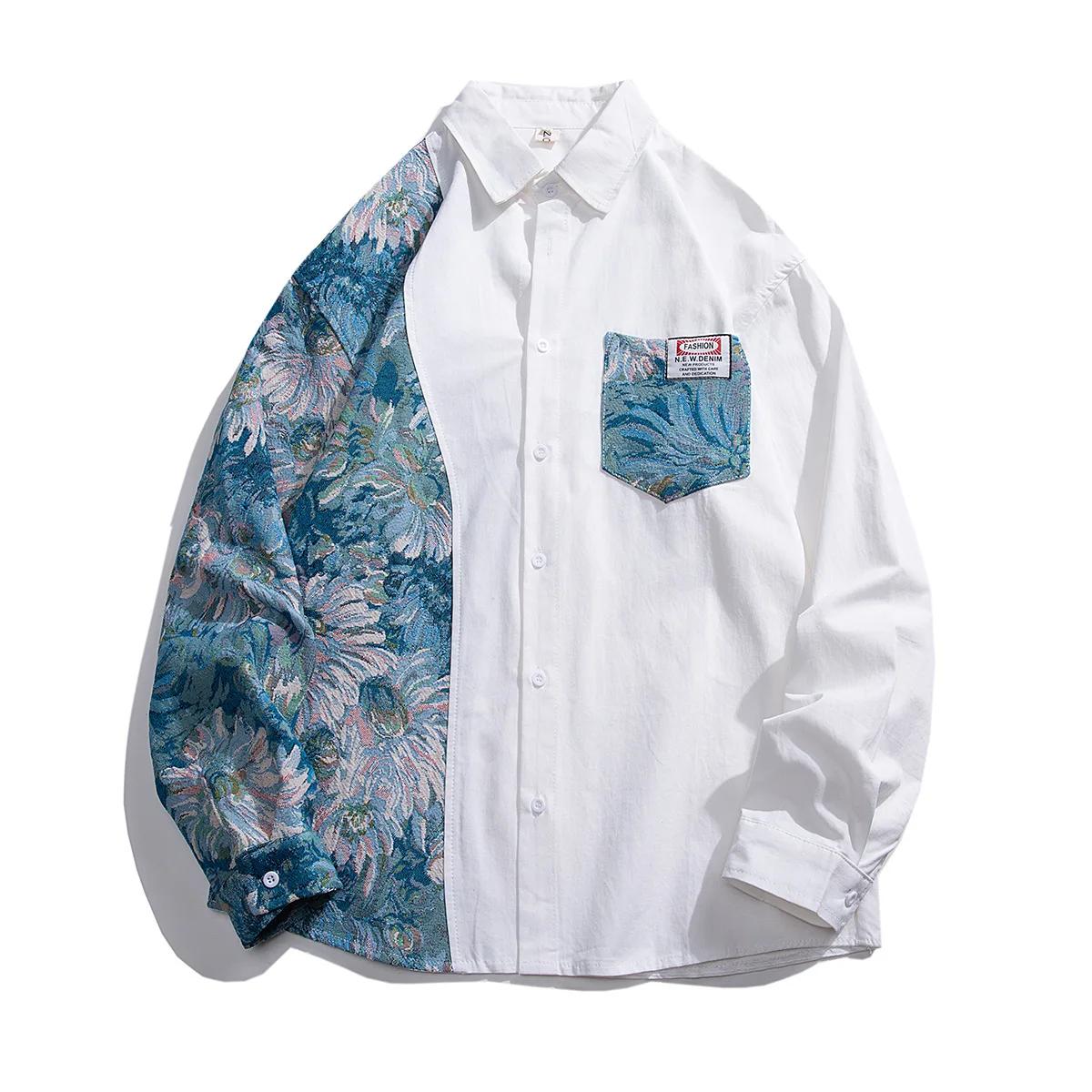 

2025 Весна Мужская Мода Уличный Стиль Рубашка Осень Мужские Цветы Принт Лоскутные Рубашки Топ Мужской Повседневный Социальный Лацкан Рубашка 5XL белый