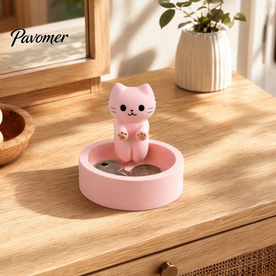 Jewelry Display Plate Cute Cat Storage Tray, with Deep Slot, Pink Matte Organizer Resin Decorative Ornament, for Dressing Table And Keys Earring