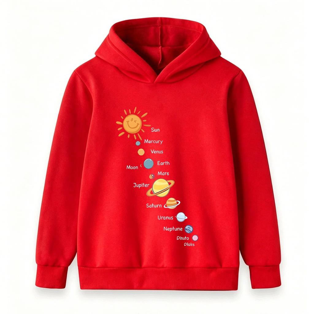 Cartoon Solar System Sun Planets Print Kids Hoodie Boys Girls Casual Long Sleeve Pullover Sweatshirt for Children Daily Wear
