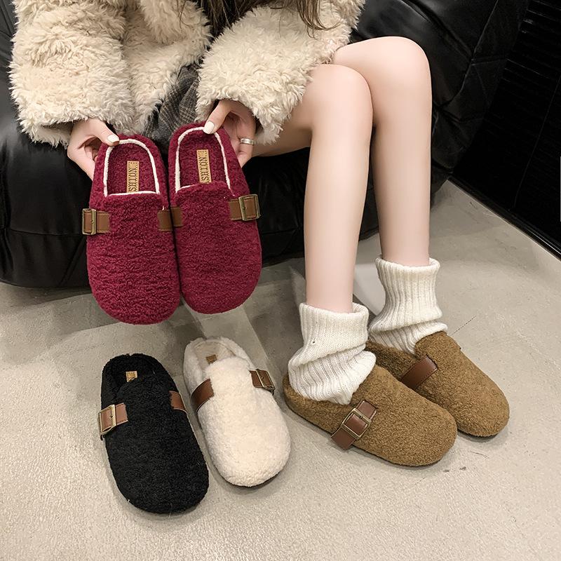 Thick-bottomed bag head, velvet warm half slippers, women's 2025 autumn new Korean version, one-pedal casual outer cotton slippers