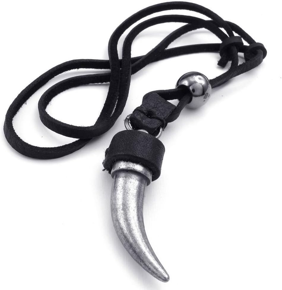 jonline24h Mens Adjustable Tribal Wolf Tooth Pendant Leather Necklace Chain Brown Black Silver