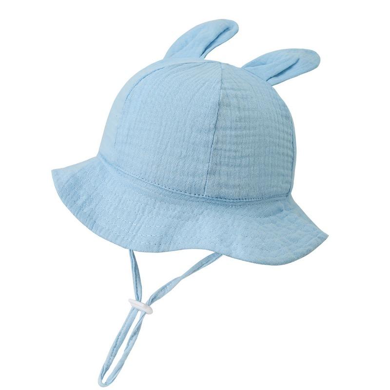 New Baby Gauze Basin Hat Baby Pleated Printed Bucket Hat Rabbit Ear Sun Hat 3-12M