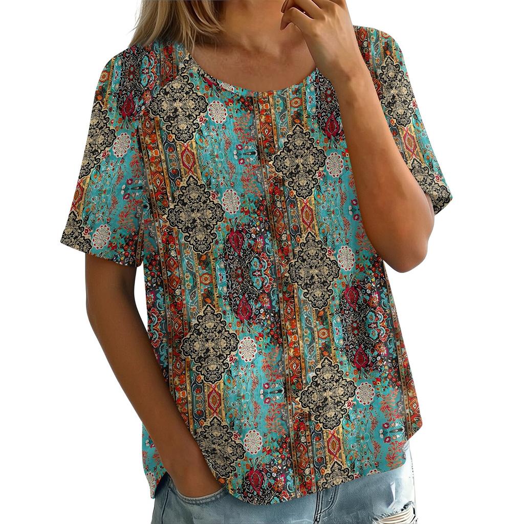 Damen Vintage Print Kurzarm Top - Rundhalsausschnitt, Baumwoll-Leinen-Stoff