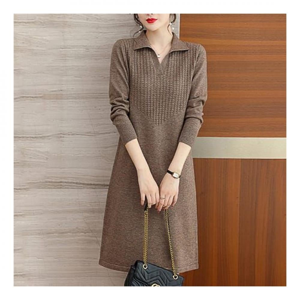 Navava Simple Daily Split Collar Long Sleeve Knit Dress No639