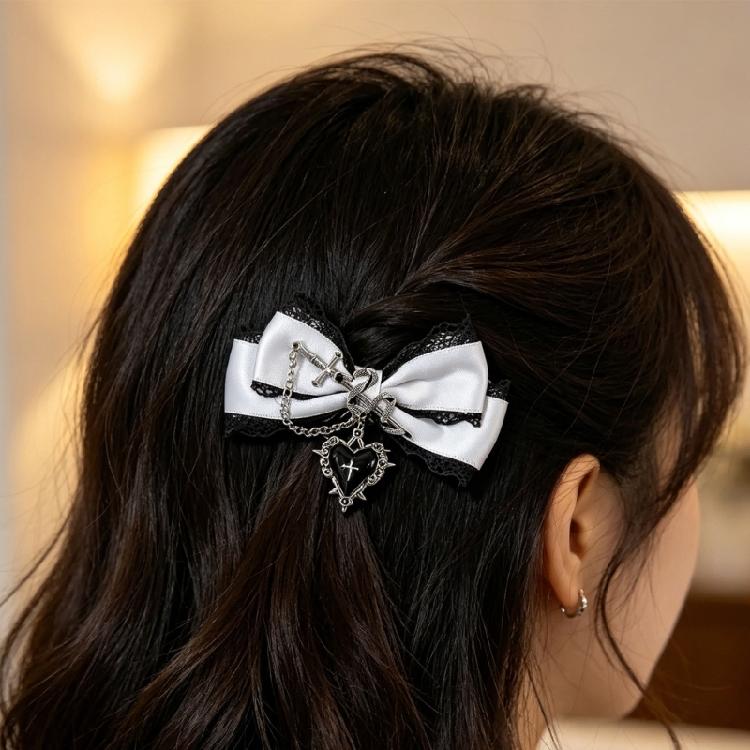 Fermaglio per capelli con design a catena a forma di cuore e fiocco, Barretta in pizzo punk per donna/ragazza, per abbigliamento casual e formale, Accessorio per capelli anime, 2 Pezzi