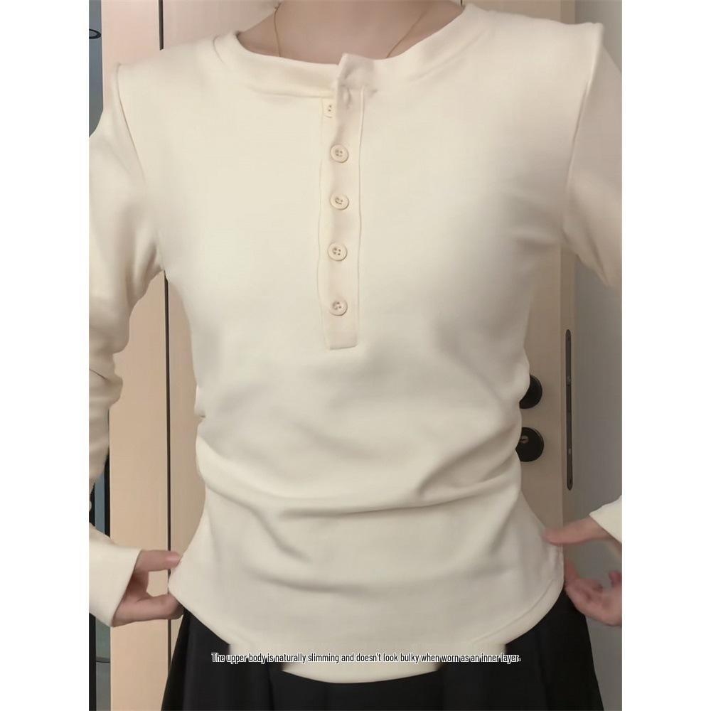 American Hot Girl Buttoned Fleece Long Sleeve Round Neck Slim Fit Women's Winter Top