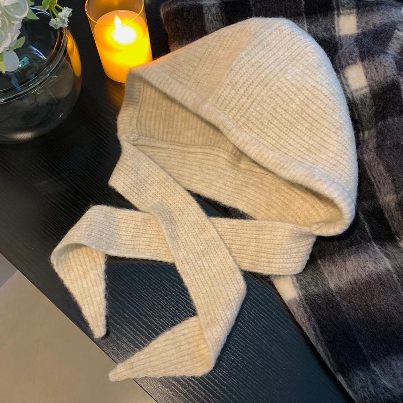 Korean Knitted Beanies Cap for Women Winter Warm Lady Cute Balaclava Cap Y2K Solid Color Strap Hooded Hats Christmas Bonnet