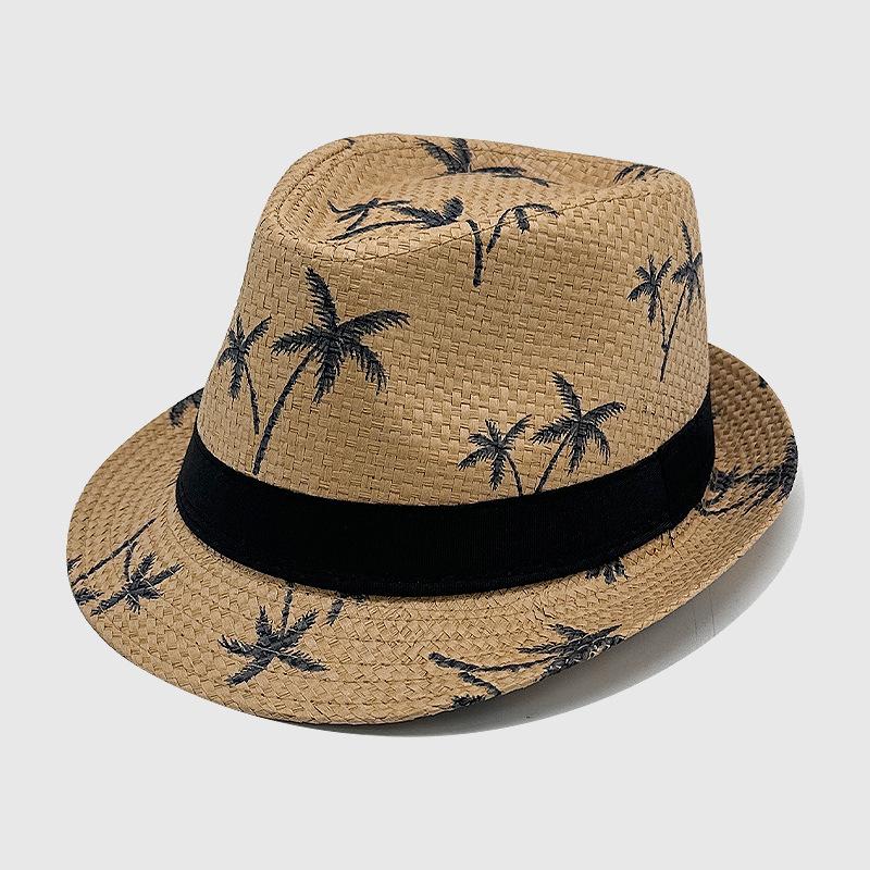 Sommer Stroh Gewebter Sonnenschutzhut mit kleiner Krempe Papyrus Jazzhut Kokospalmen Druck Strand Sonnenschutzhut