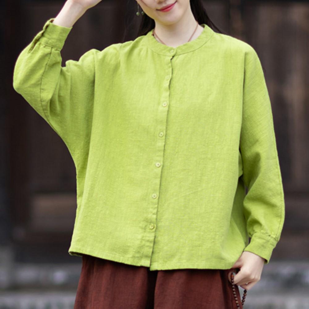 Johnature Women Vintage Shirts Tops Spring Chinese Style Stand Long Sleeve Solid Color Loose Shirts