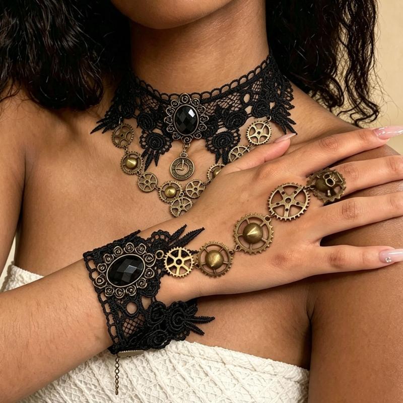 Black Lace Centerpiece Neck Jewelry Set Gothic Statement Accessories for Themed Photo Shoots, Festivals and Halloween Looks