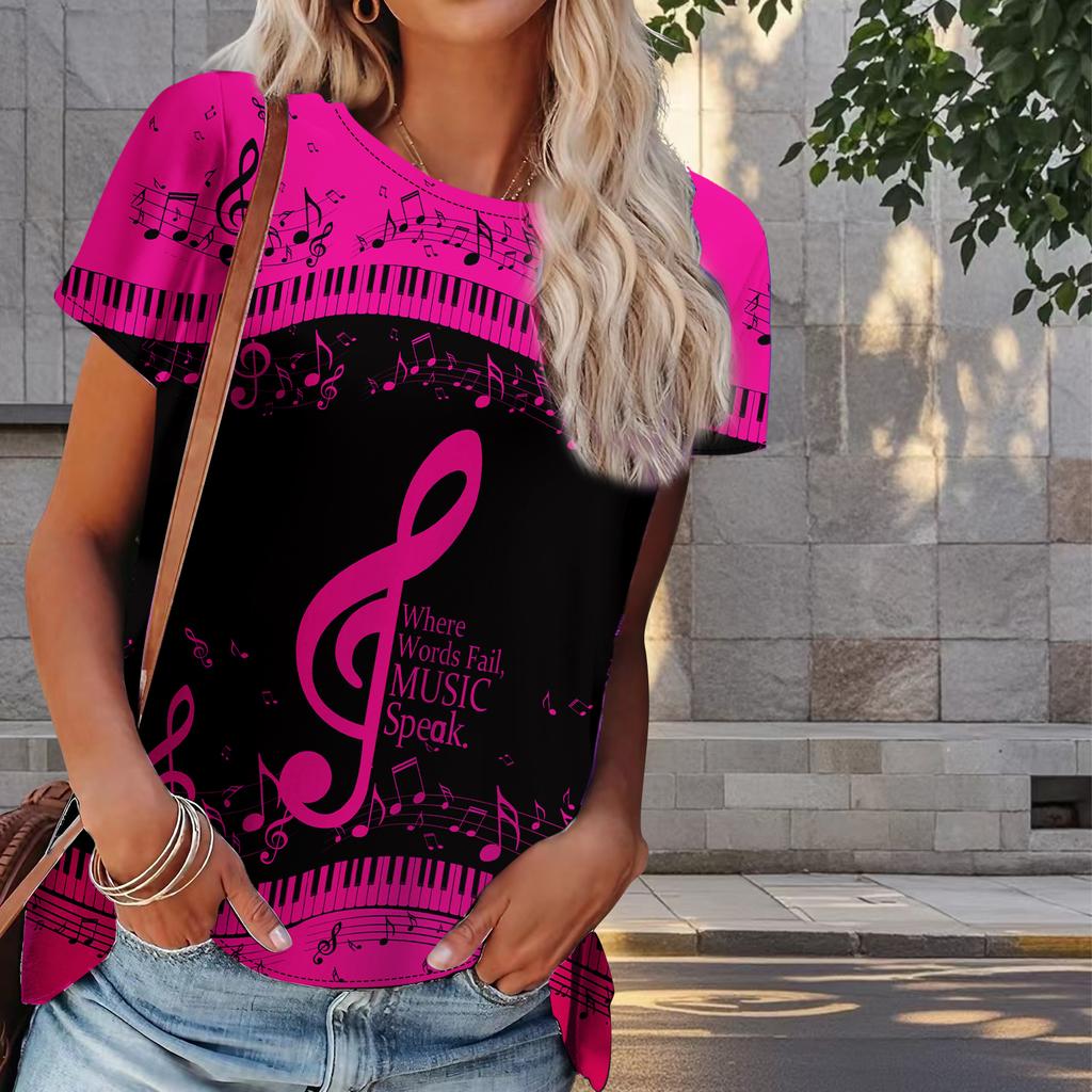Women Summer T Shirt Musical Note Print Retro Fashion Short Sleeve Tees Casual   Printed  Tops