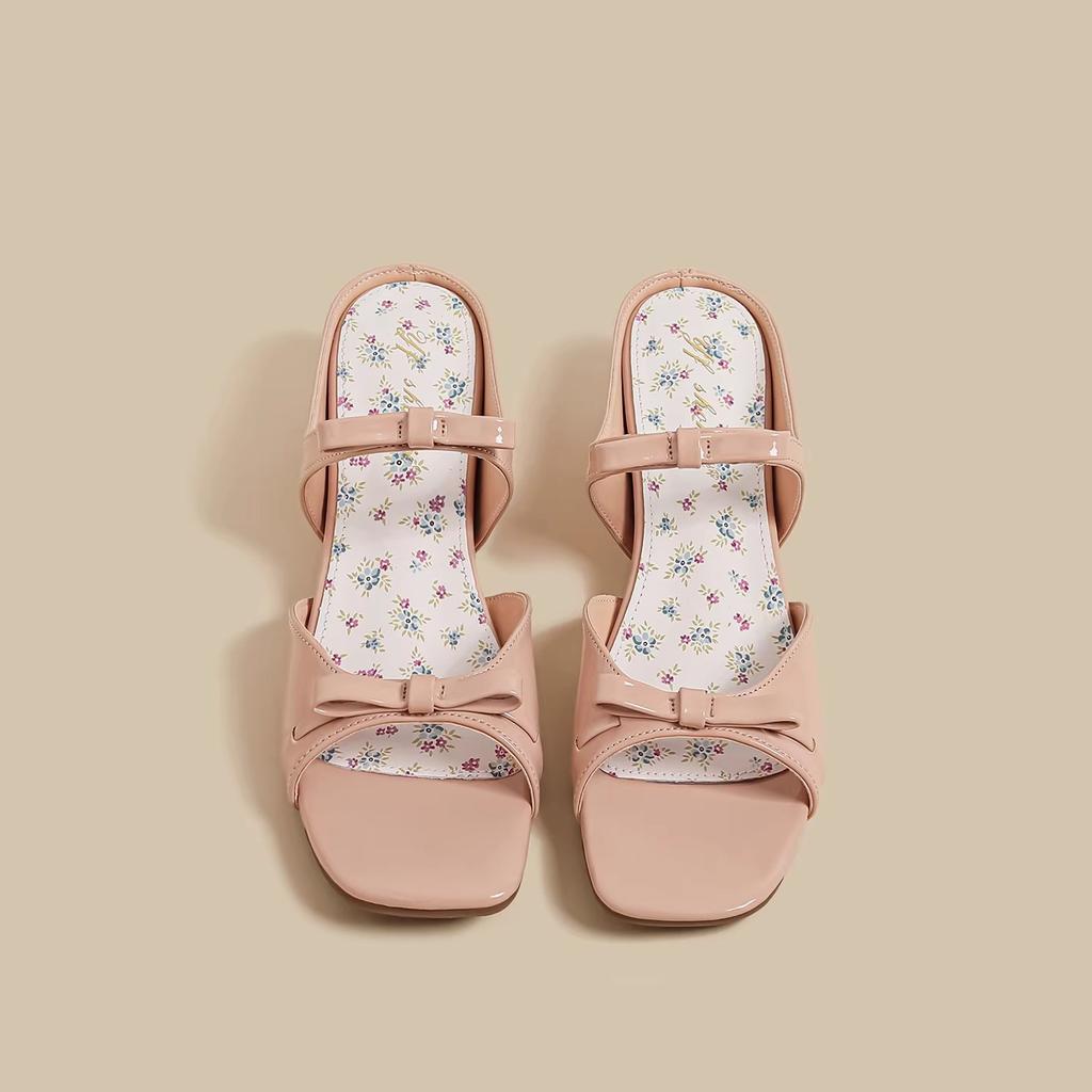 4.5Cm Inner Height Increase Square Head Wedge Heel Sheepskin Bow Slippers Women's Sandals Summer New