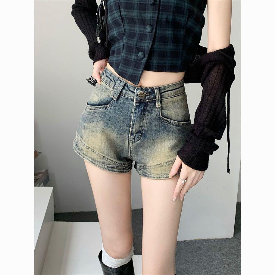 

Women s Retro Blue High-Waisted Denim Shorts - Slimming A-Line Hot Pants with Elastic, Distressed Wide Leg, American Spicy Girl 2026 Summer Style 3XL