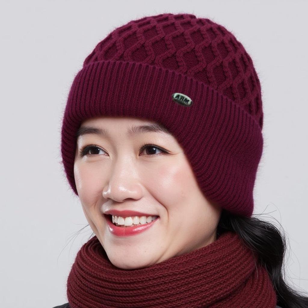Warm Knitted Wool Hat for Elderly Women - Velvet-Lined Winter Ear Protection