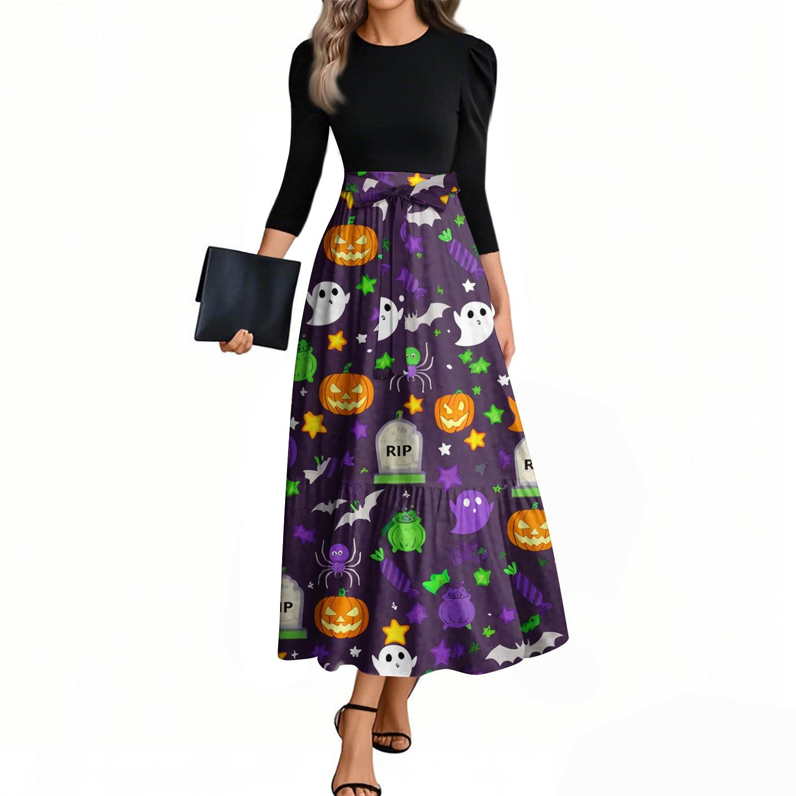 

Женские модные повседневные платья с поясом, рукавом три четверти, круглым вырезом, с принтом на Хэллоуин, элегантные, с темпераментом L фиолетовый