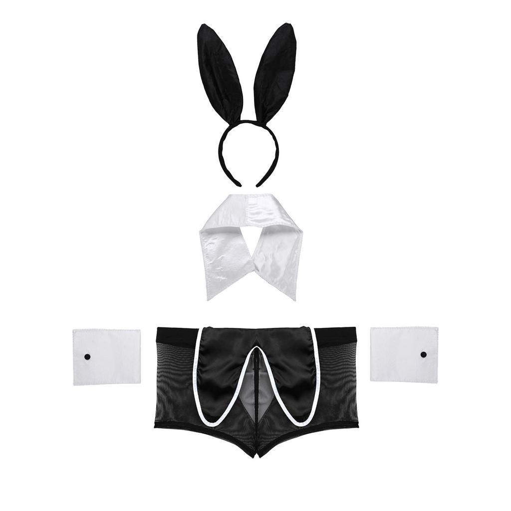 Mens Rabbit Ears See Through Boxer Briefs Underwear Set Halloween Costume