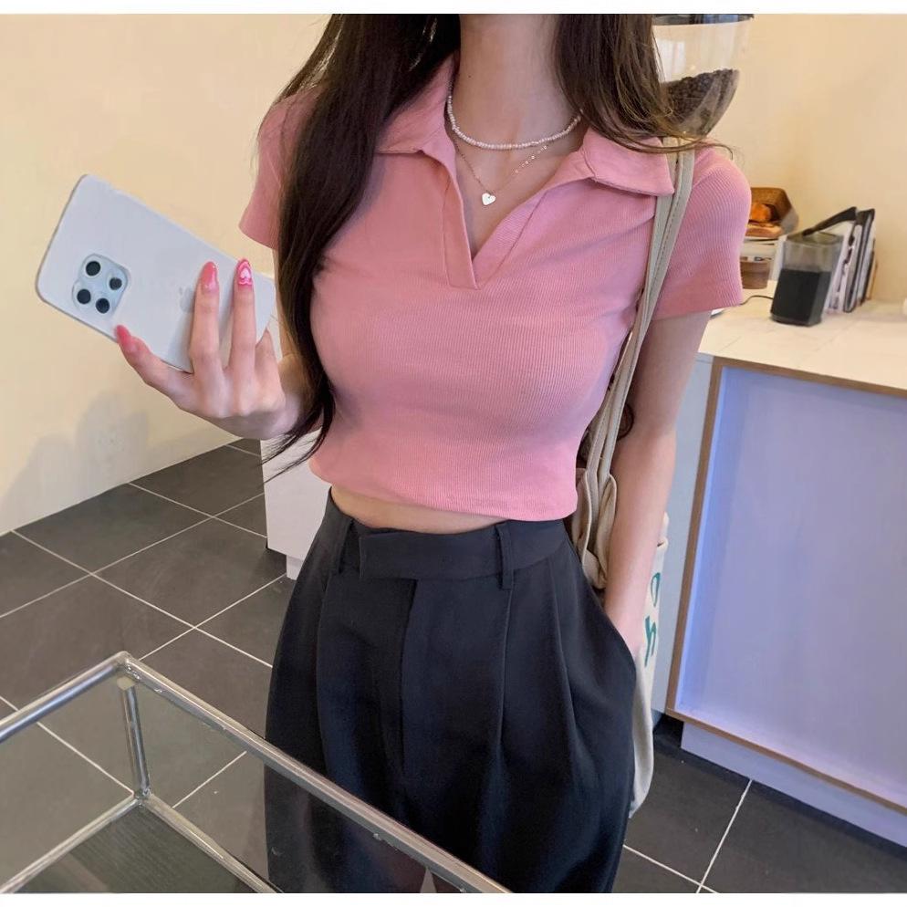 Pure desire style POLO collar front shoulder short-sleeved T-shirt women's summer slim-fit short Spice girl navel-showing thin design top