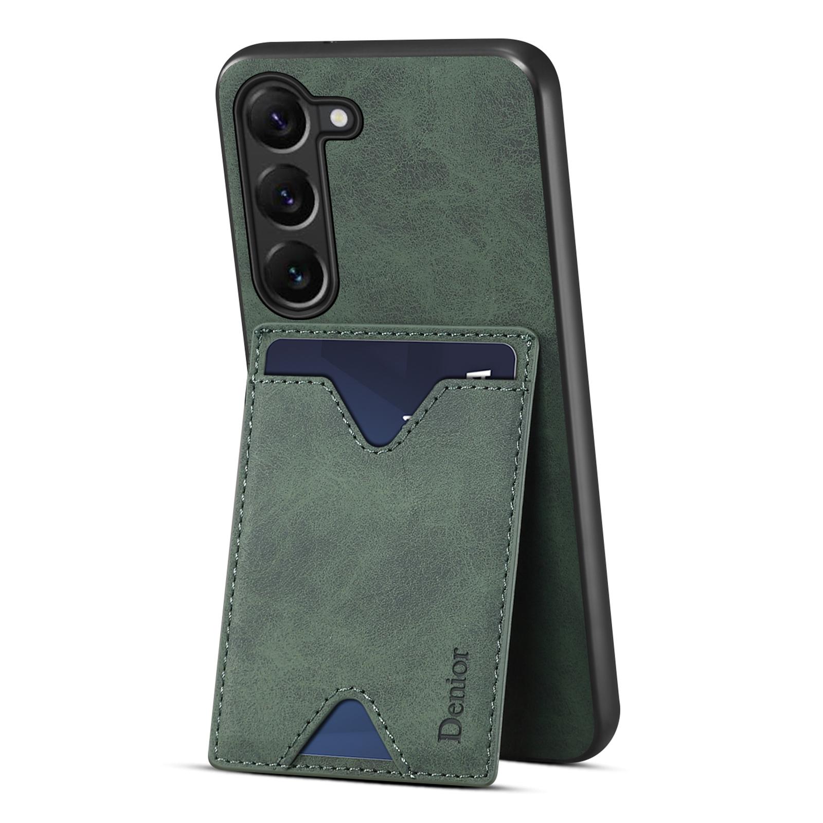 

DENIOR For Samsung Galaxy S23 Phone Cover Anti-scratch Drop-proof PU Leather Coated TPU Kickstand Phone Case with Card Holder Green