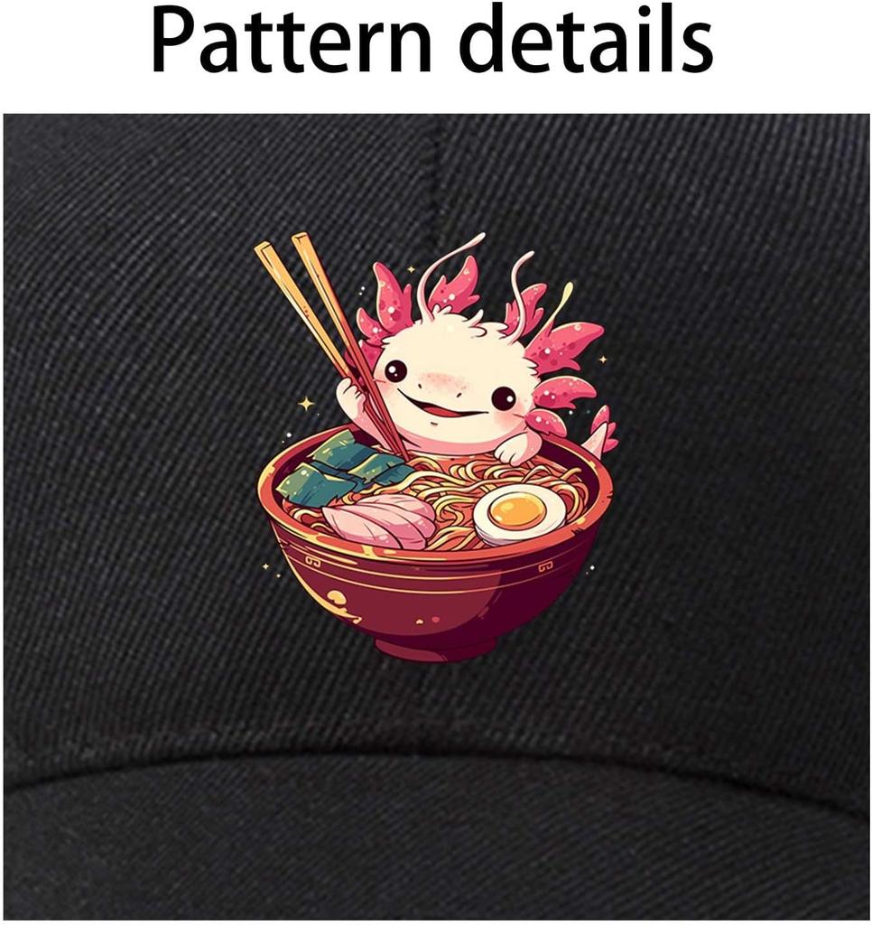 Cute Axolotl Ramen Bowl Graphic Baseball Cap Unisex Adjustable Polyester Outdoor Casual Cap