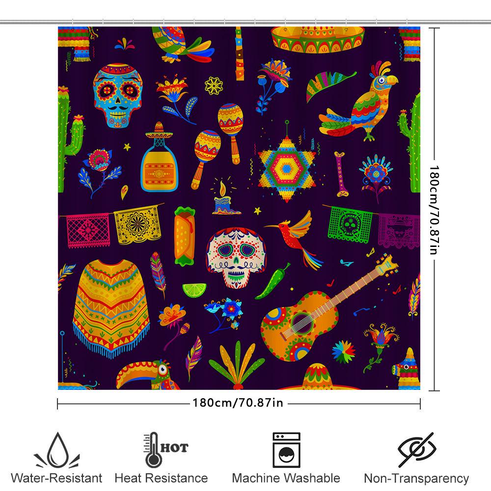 Rideau de douche folklorique mexicain motif violet avec crânes, oiseaux, guitares pour décoration de salle de bain