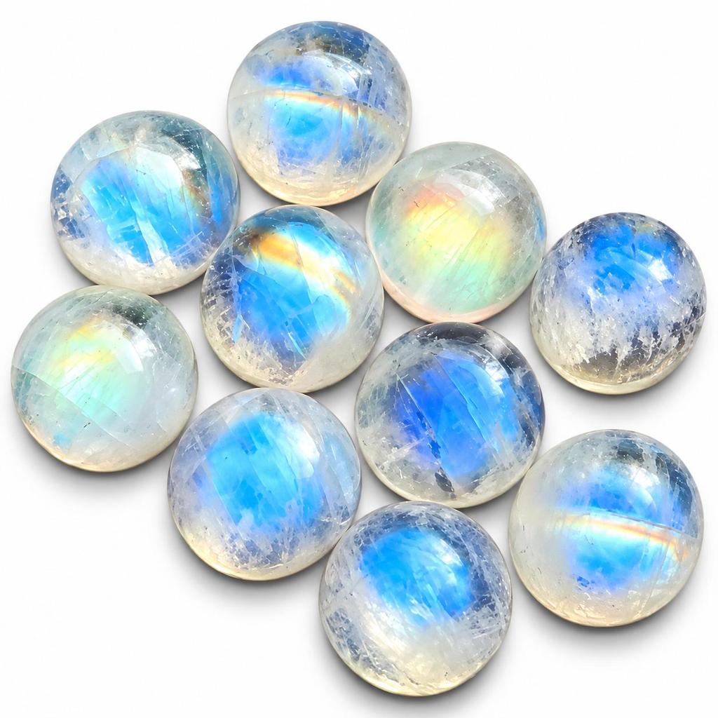 Pietra Preziosa Cabochon Rotonda di Pietra di Luna Arcobaleno Naturale – Pietra Sfusa con Riflessi Blu per la Realizzazione di Gioielli