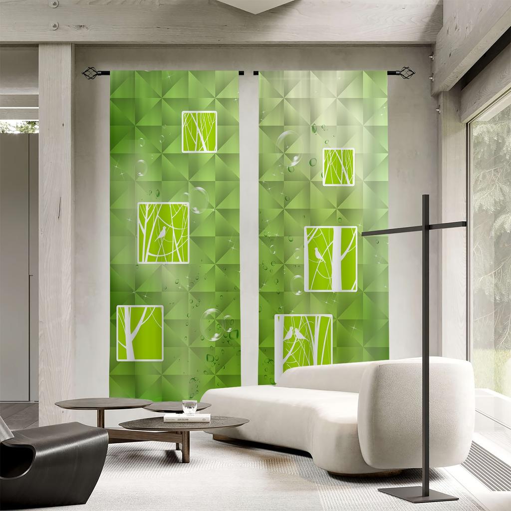 2pcs Green Plaid Sheer Curtains - Multi-functional Polyester Fiber Rod Pocket Design, Suitable for Living Room, Bedroom, and Game Room Decor