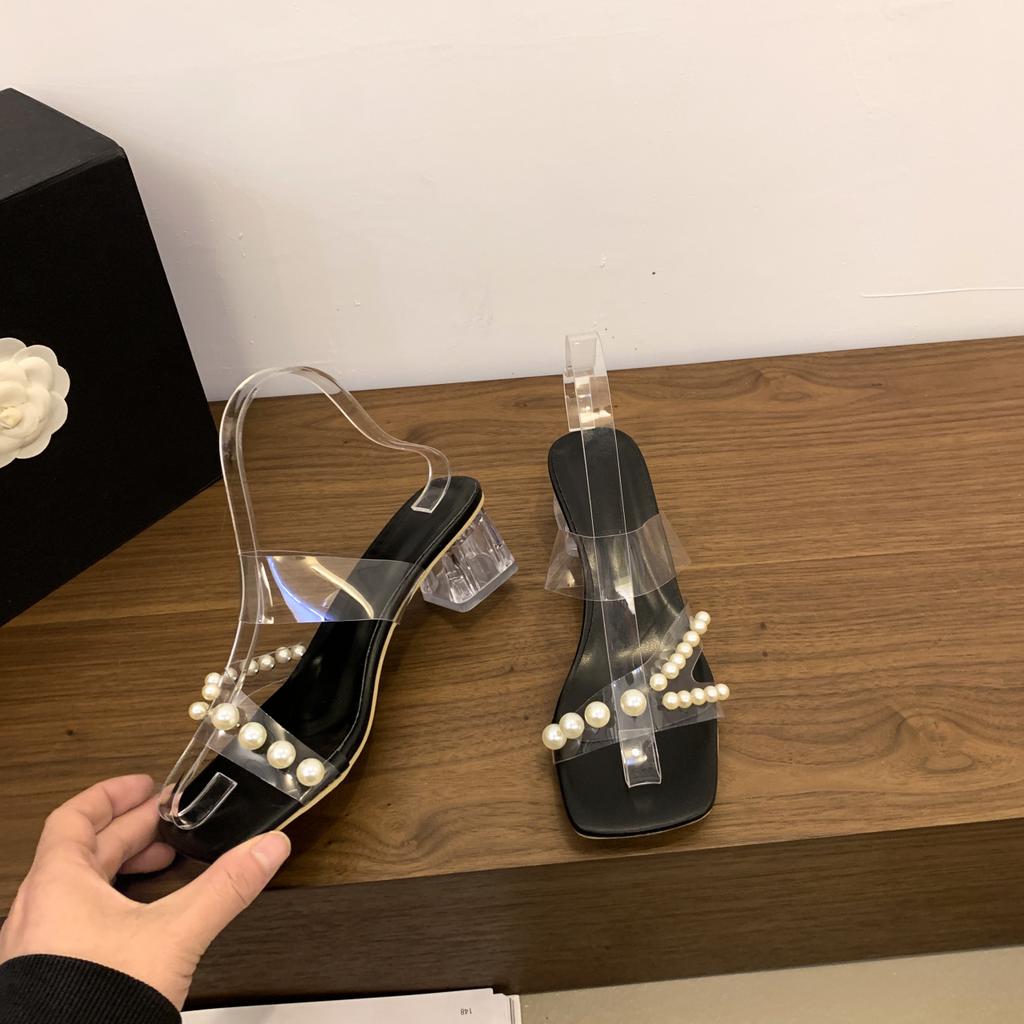 Pearl Flower Women Slippers Design Style Square Toe Crystal Round Heels Shoes Summer Slides Zapatos De Mujer