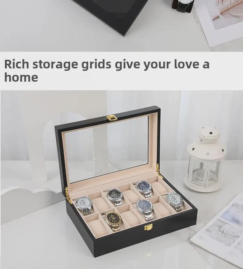 Luxusní dřevěná krabička na hodinky v evropském stylu s průhledným odklápěcím víkem a přezkou, červený 12místný displej