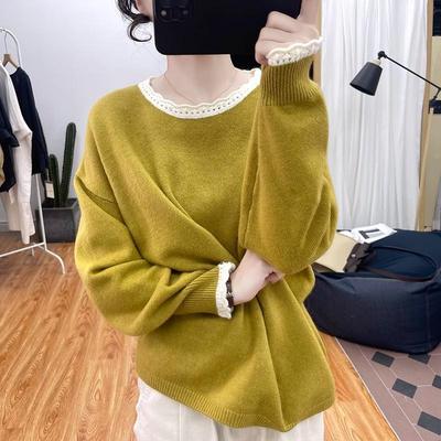 Women's Age-Reducing Color Block Lace Collar Sweater - Autumn & Winter, Thick, Loose Fit, 2025 Collection