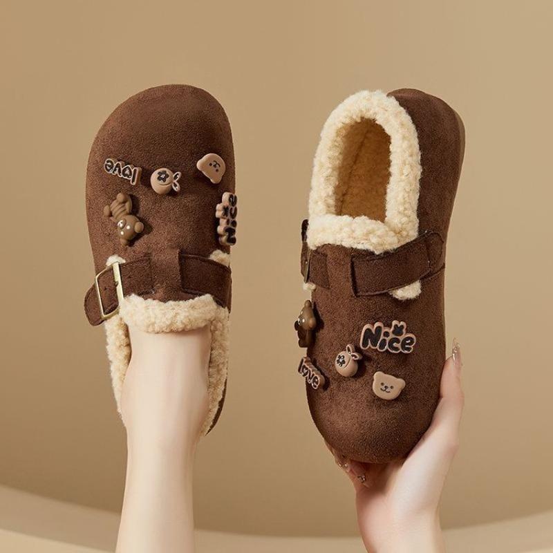 Damplyftande plyschskor för kvinnor med hel täckning, platt botten, tecknad spänne för en fot, bomullsskor