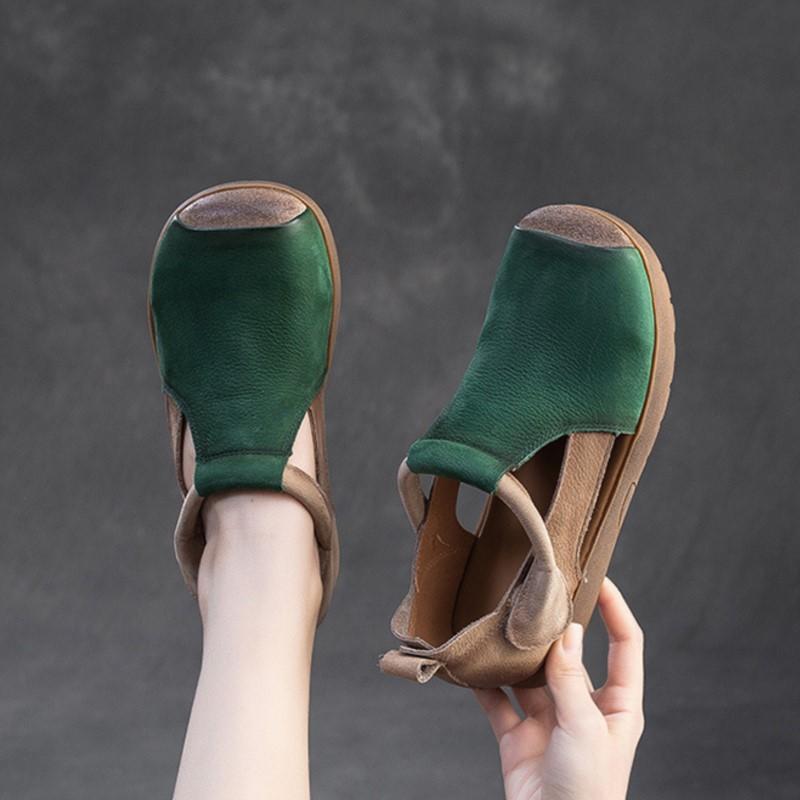 Johnature Genuine Leather Mixed Colors Sandals Round Toe Hollow Retro Style Women's Shoes