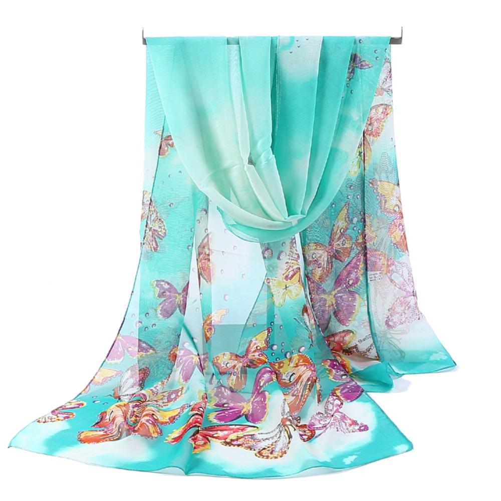 Sunscreen Long Wrap Shawl Butterfly Print Beach Gauze Scarf Elegant Shawl Silk  for Women