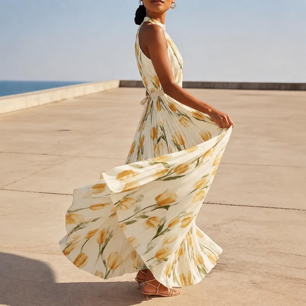 Women's Halter Neck Maxi Dress with Floral Print Sleeveless Vacation Dress Flowy Bohemian Style Summer Dress for Outdoor Events