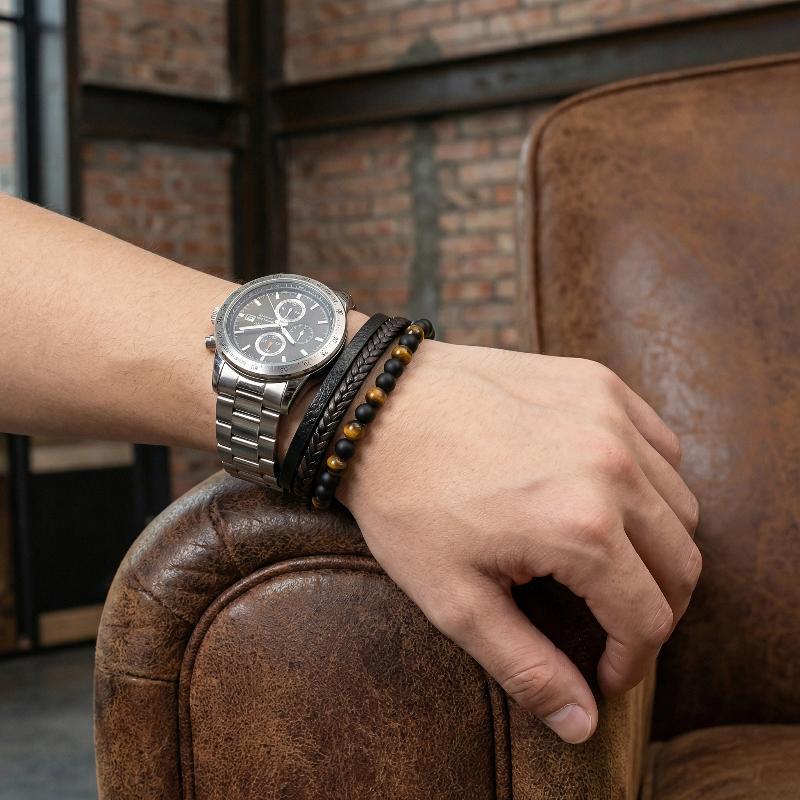 Beads Leather Bracelet Men Classic Tiger Eye Beaded Multi Layer Leather Bracelet For Men Jewelry Gift