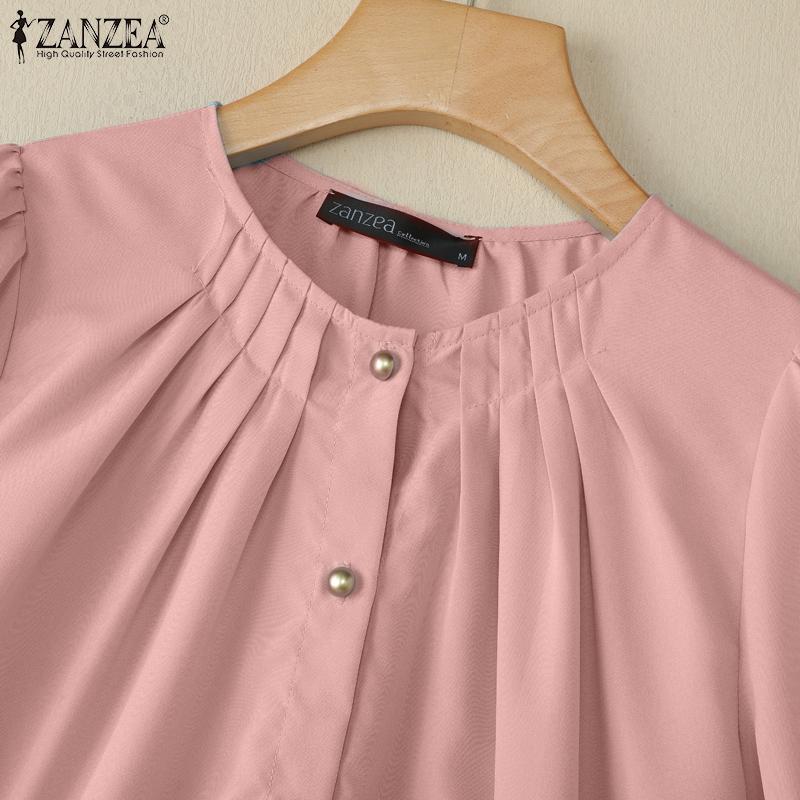 ZANZEA Damen Freizeit Rundhals Einfarbig Kurzarm Bluse