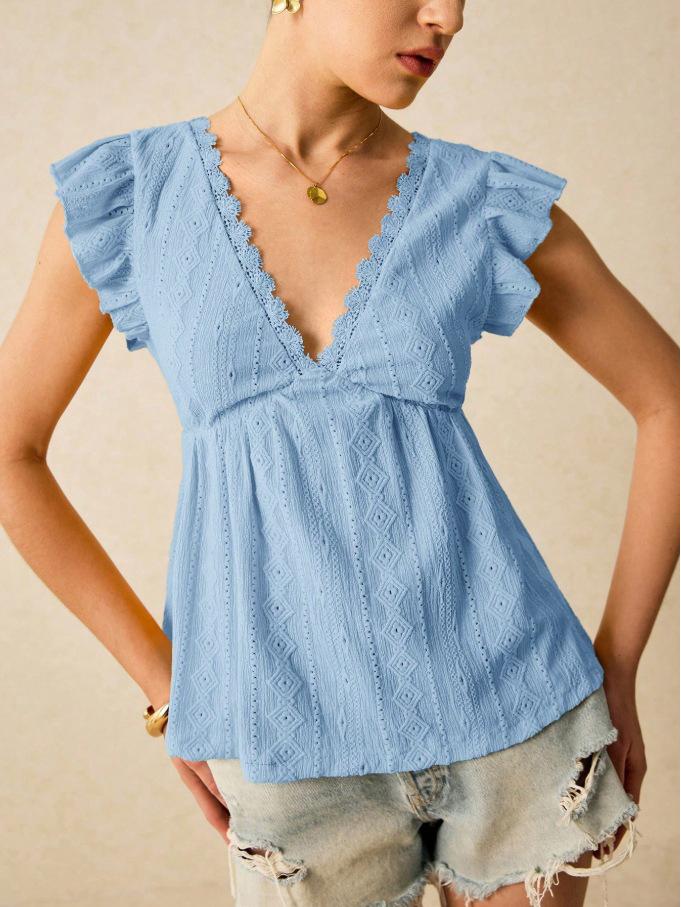 2025 European-American Women's Spring/Summer V-Neck Ruffle Lace Top