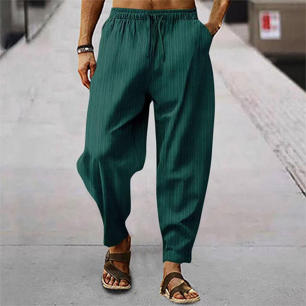 Men's Casual Loose Fit Sport Pants Hip Hop Cotton Linen Stripe Breathable Loose Comfortable Men's Long Trousers