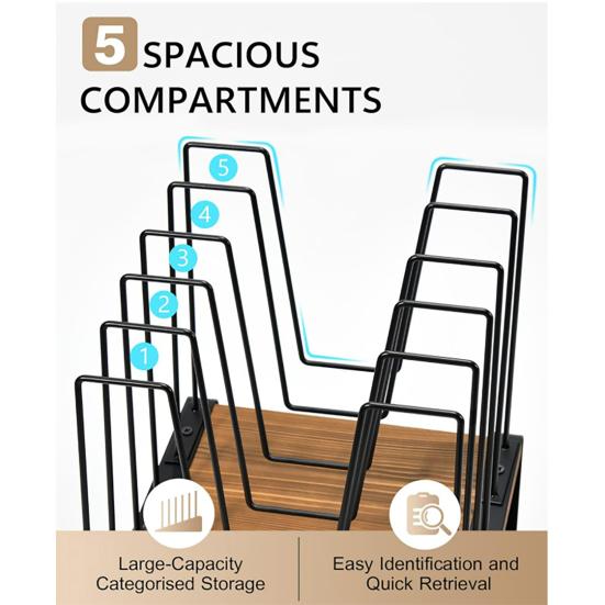 Inclined Desk File Organizer 5-Section Vertical File Folder Holder Stand Office Classroom Home Workspace Metal File Sorter Rack with Wooden Base