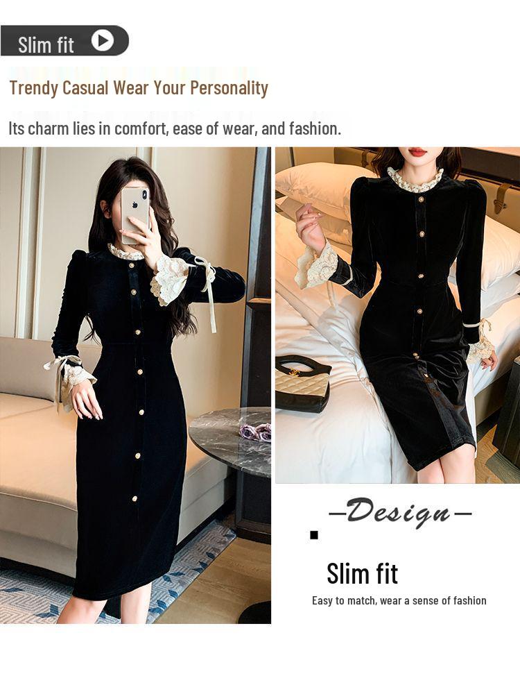 Elegant French Retro Velvet Lace Dress - Hepburn Style Black Dress for Autumn/Winter