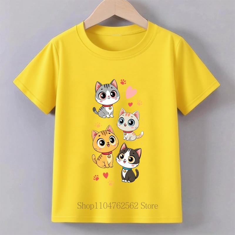 Four Cute Cats Print Tshirts for Girls Summer Casual Fashion Kids Colorful Comfortable Tops Children ONeck Short Sleeve Tees