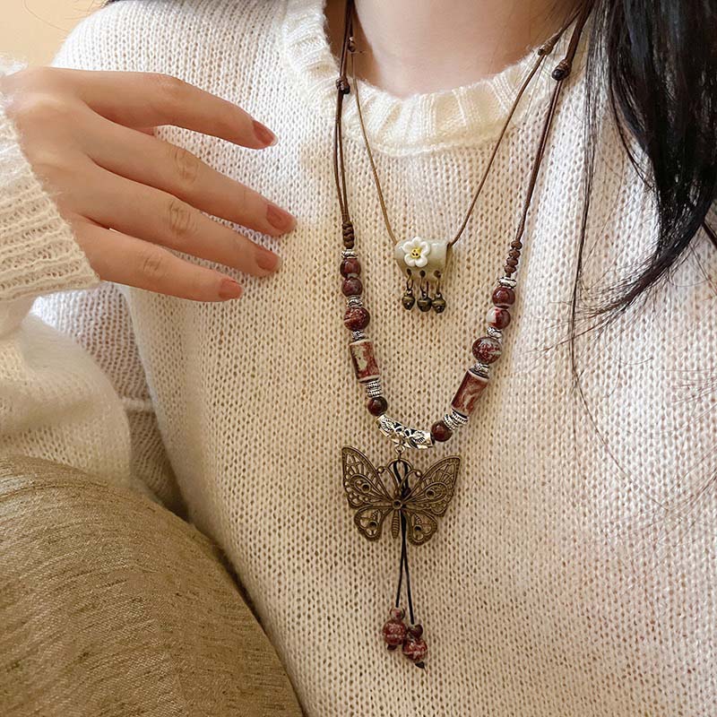 Vintage Ceramic Butterfly Pendant Necklace for Women 2026 New Chinese Ethnic Style Long Sweater Chain Necklace Jewelry Accessory